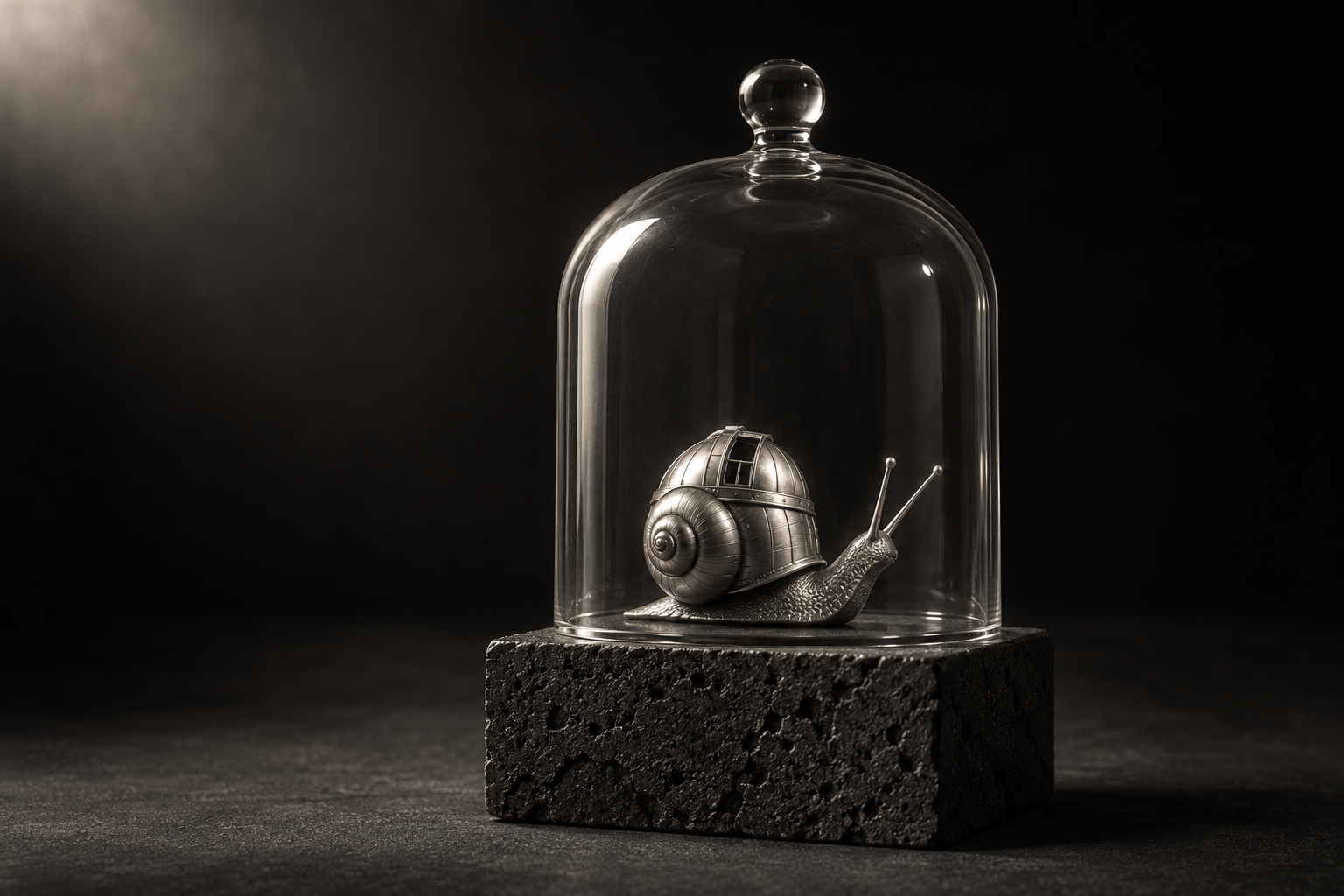 A miniature silver observatory snail under a glass bell jar on a stone plinth